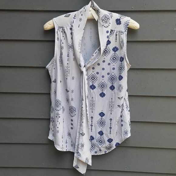 Elena Baldi Gray White Sheer Print Top with tie size Medium - Picture 1 of 8